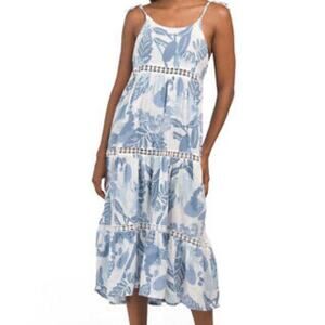 Rachel Zoe Women's Blue & White Tropical Floral Tiered Midi Dress Size Medium
